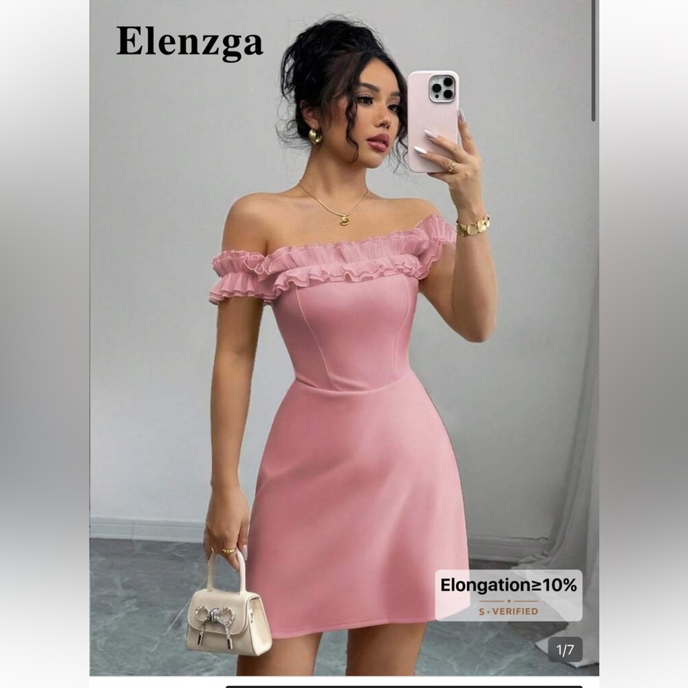 Elenzga Off-Shoulder Pink Ruffle Frill Collar Casual Evening Dress - Size XL 💗